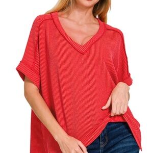 Women's Red V-Neck Knit Top Zenana END OF SUMMER SALE 50 OFF